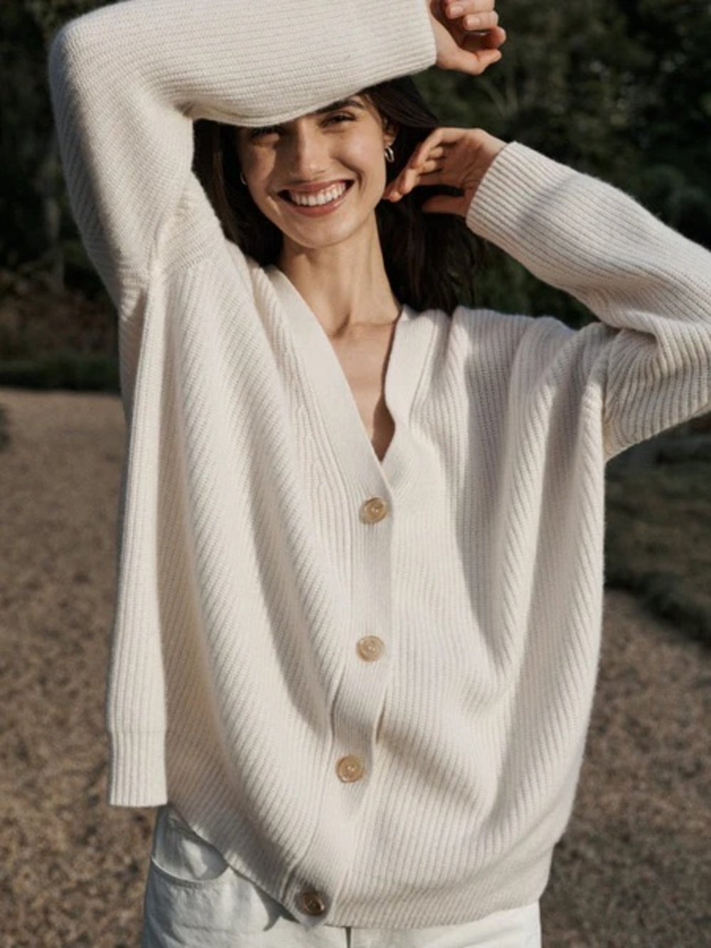 Jenni Kayne Cream Ribbed V-Neck Button Cashmere Cardigan